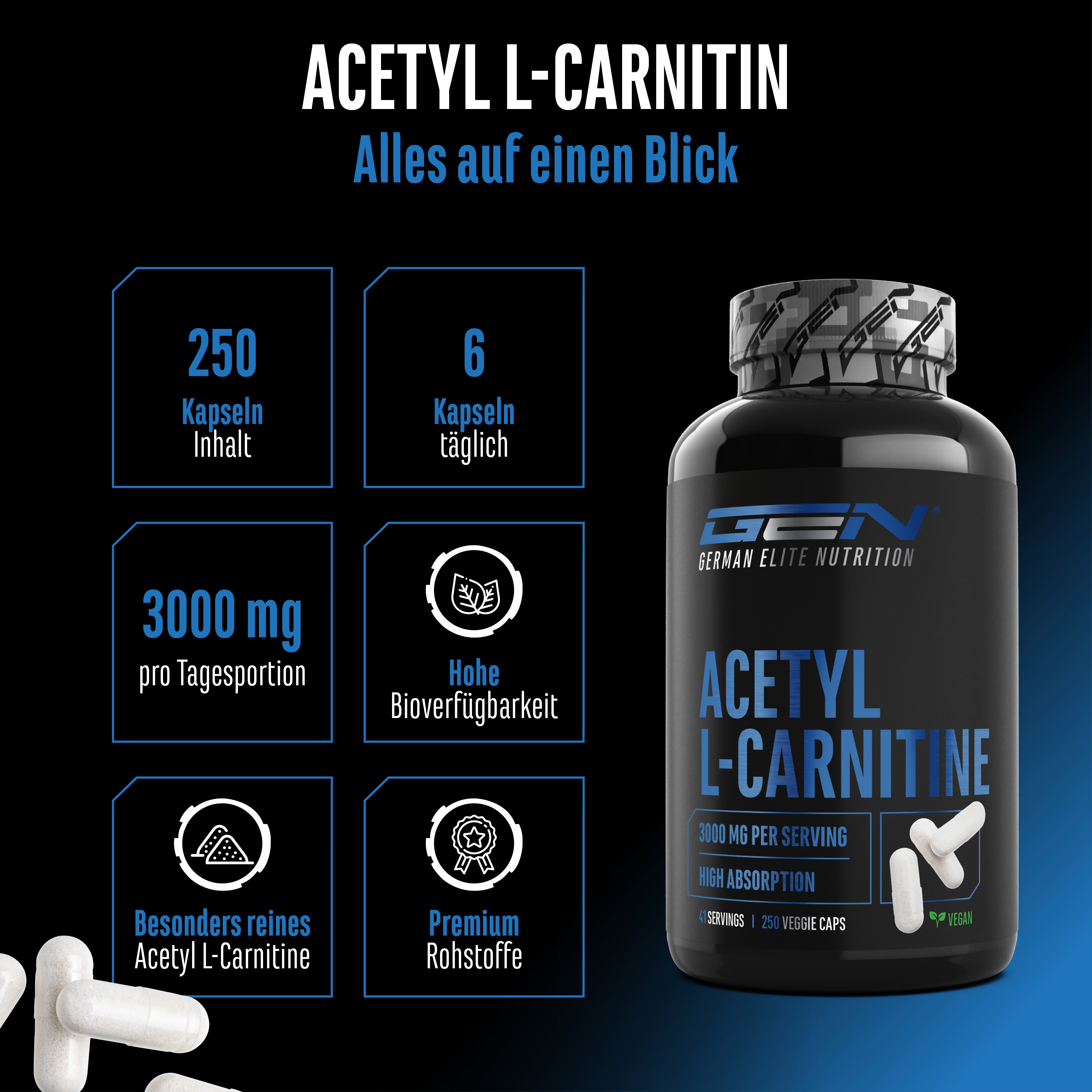 Een fles met het opschrift "Acetyl L-Carnitine German Elite Nutrition"; Tekst in de afbeelding: "250 vegan capsules, 3000mg dagelijkse dosis".