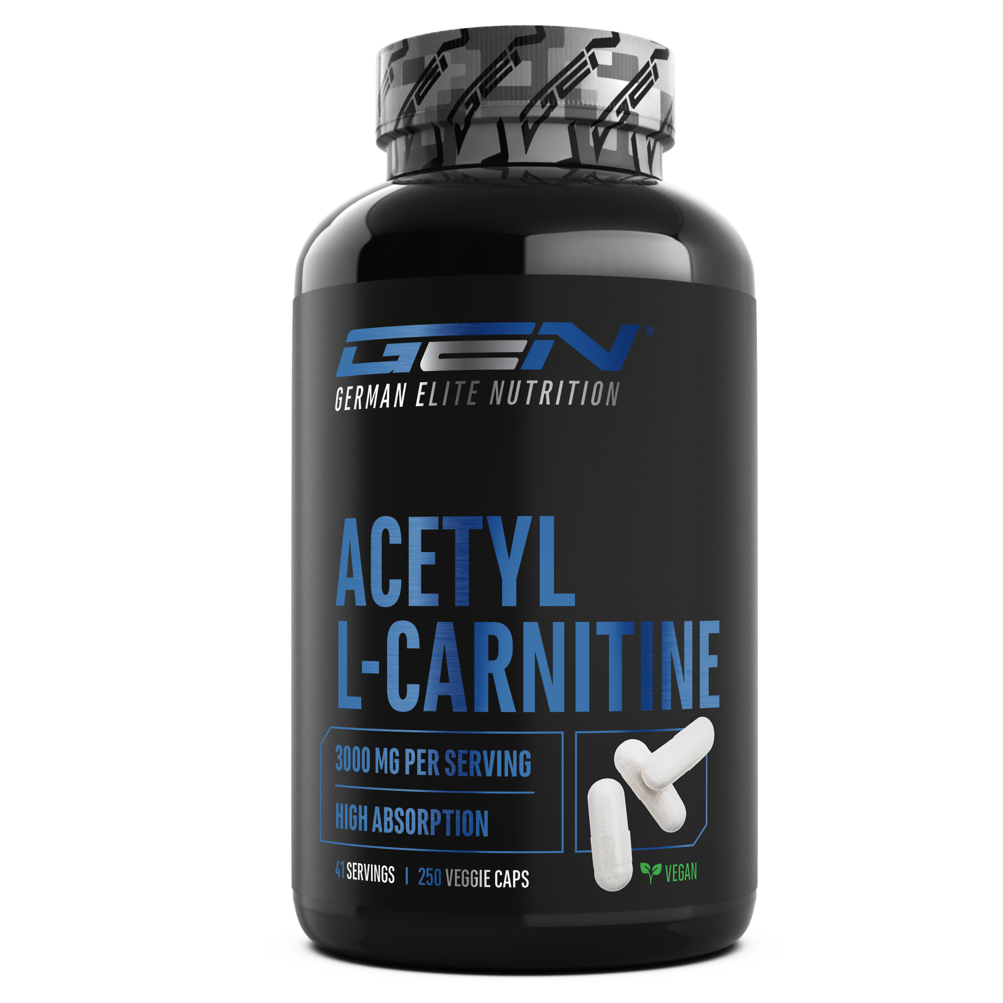 Een zwarte fles met het opschrift Acetyl L-Carnitine met tekst in het beeld: "3000 mg", "8 porties", "250 vegane capsules"; twee witte capsules en een Vegan-symbool zijn afgebeeld.
