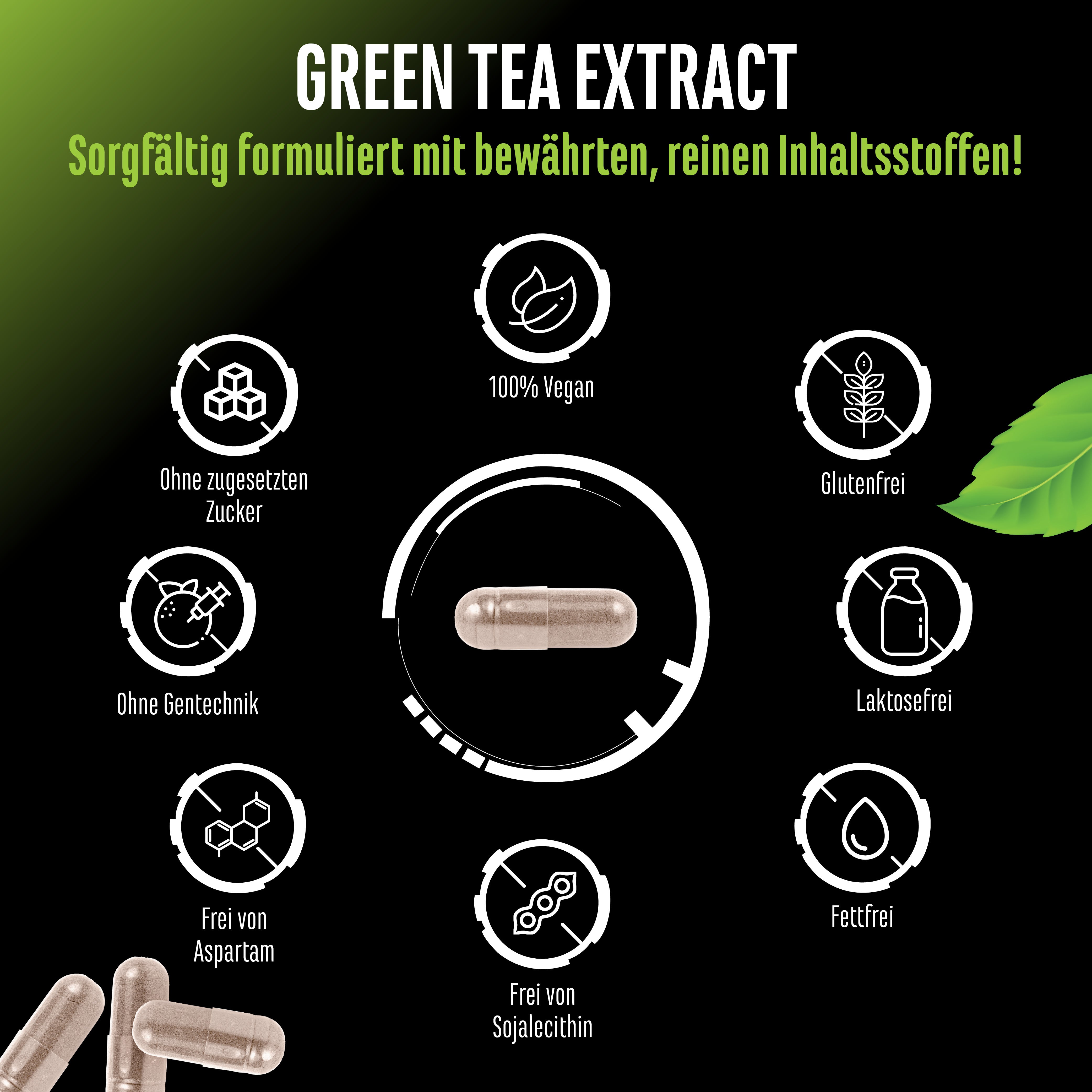 Bottiglia di capsule di estratto di tè verde della Elite Nutrition tedesca con icone, foglie verdi e testo nell'elenco delle caratteristiche dell'immagine.