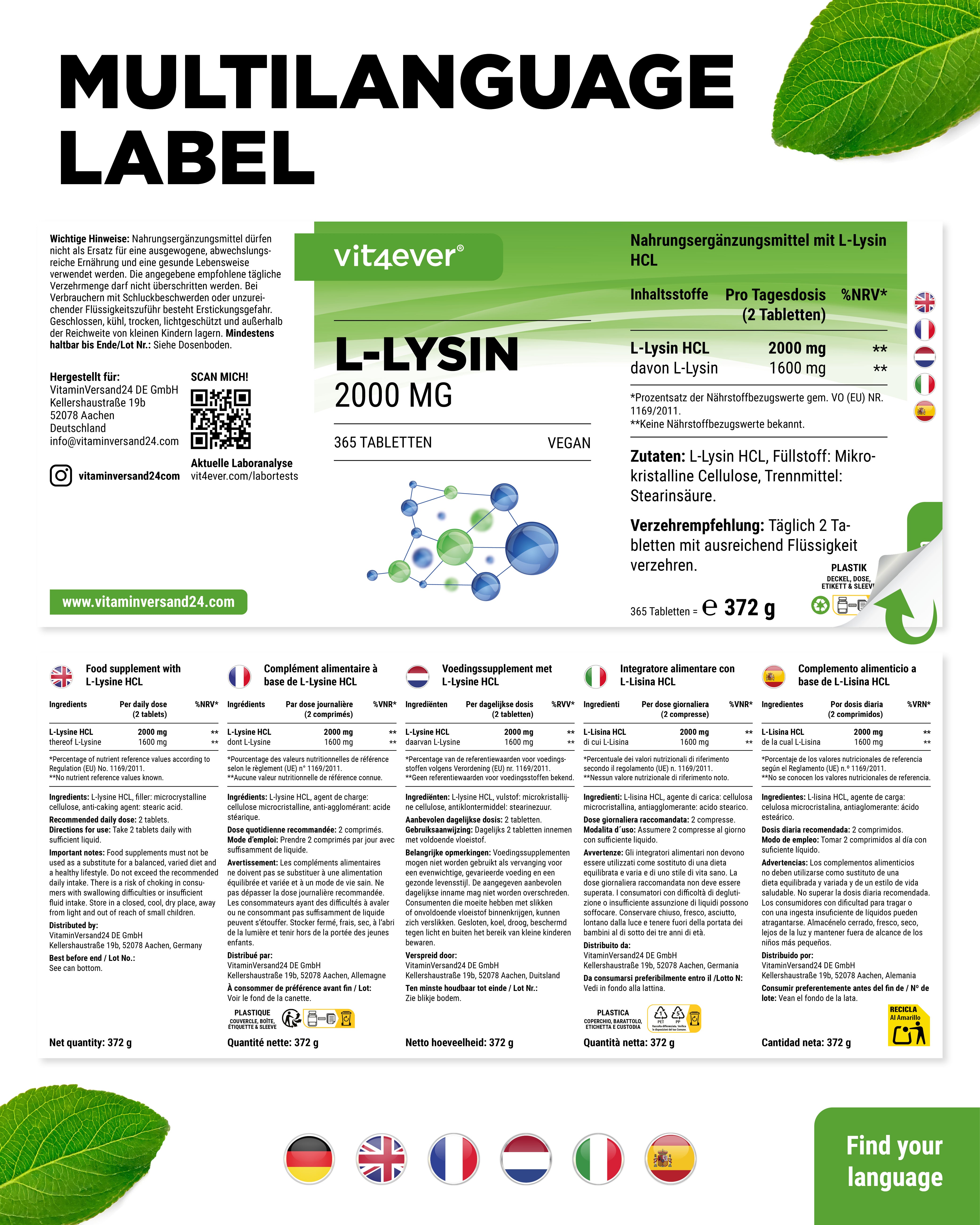 L-Lysine 1000 mg hautement dosée
