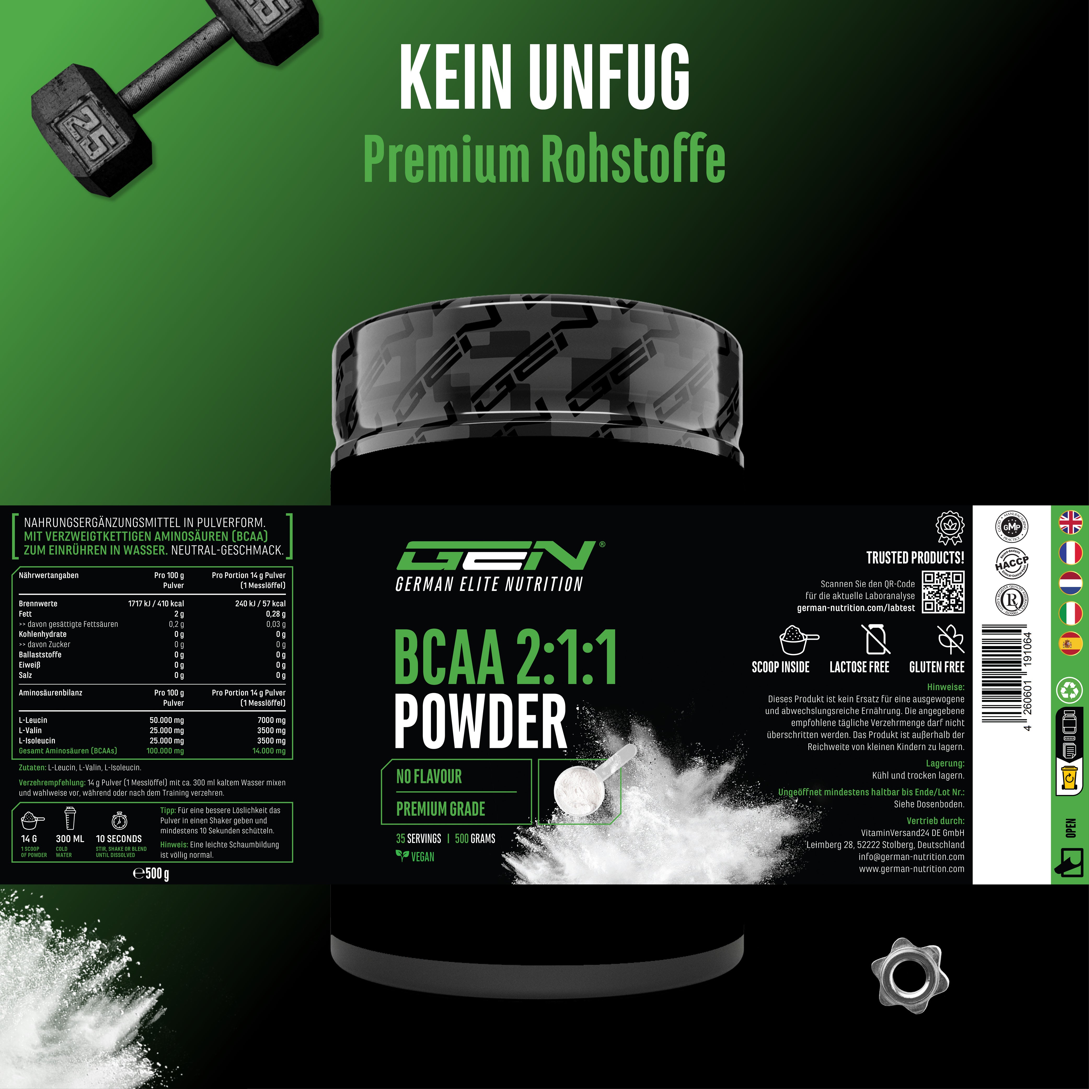 GEN BCAA 2:1:1 Polvo - Neutro, 500 g