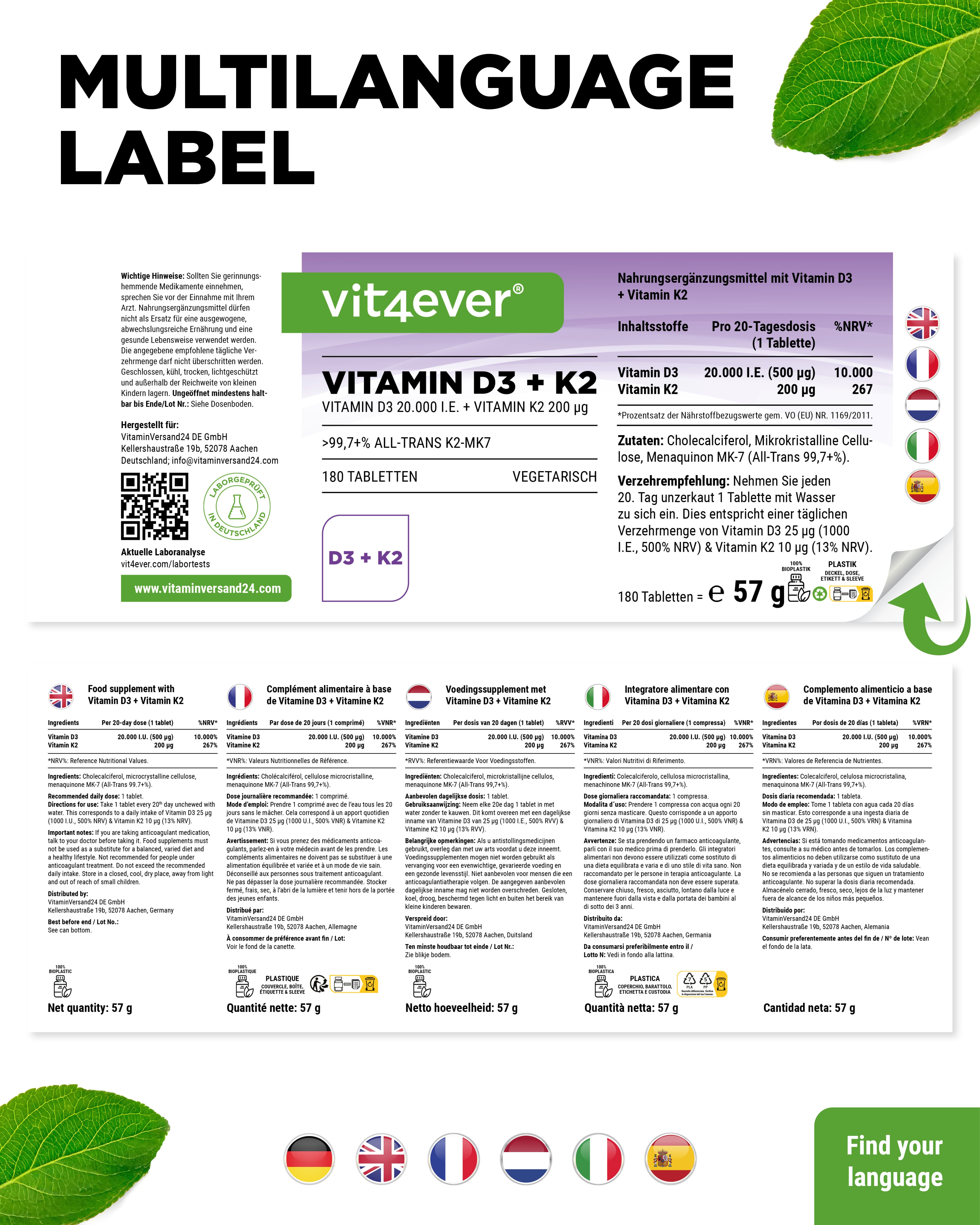 Vitamina D3 20.000 UI + Vitamina K2 200 mcg