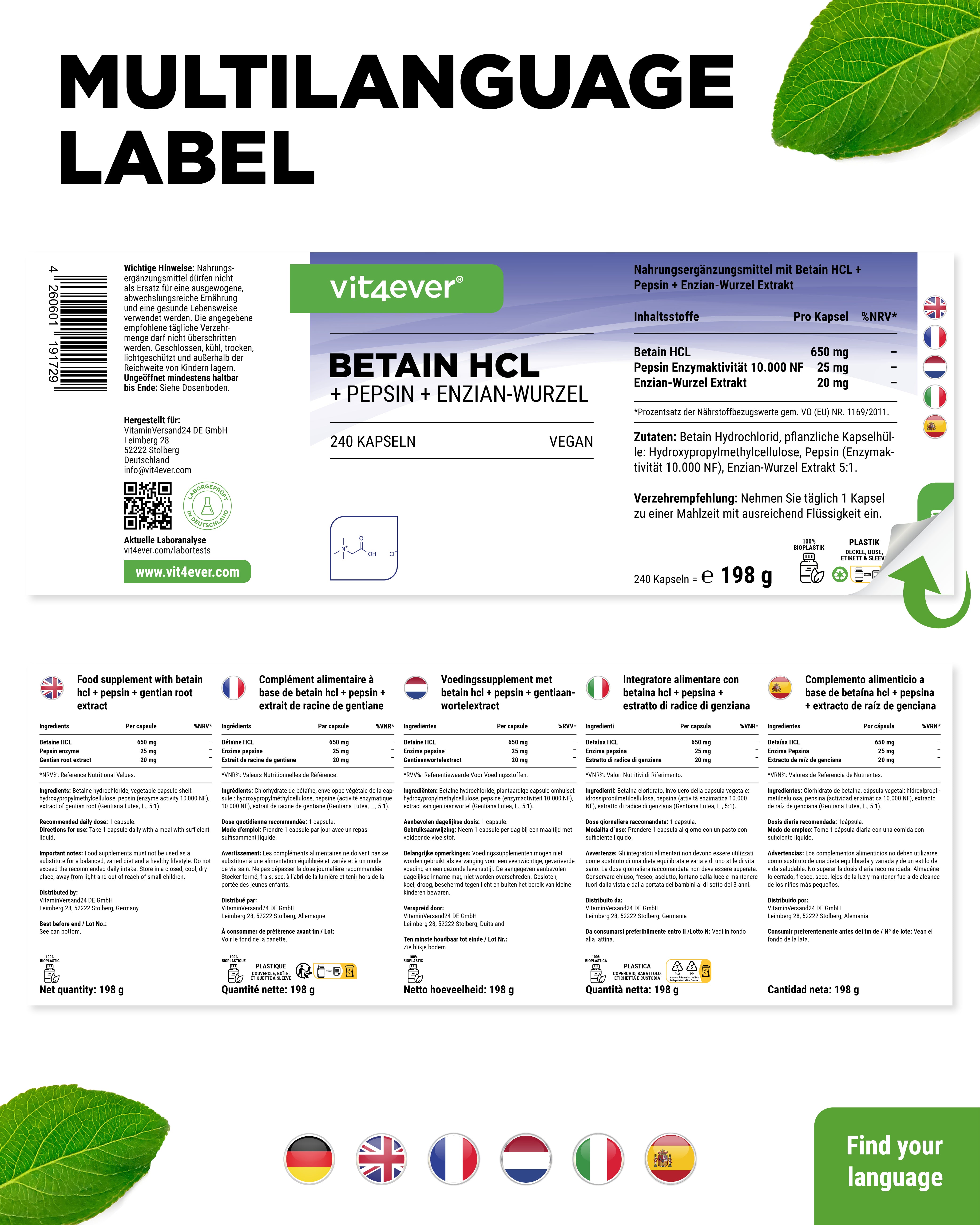 Betaina HCL, 240 kapsułek po 695 mg z Pepsyną + Ekstraktem Goryczki