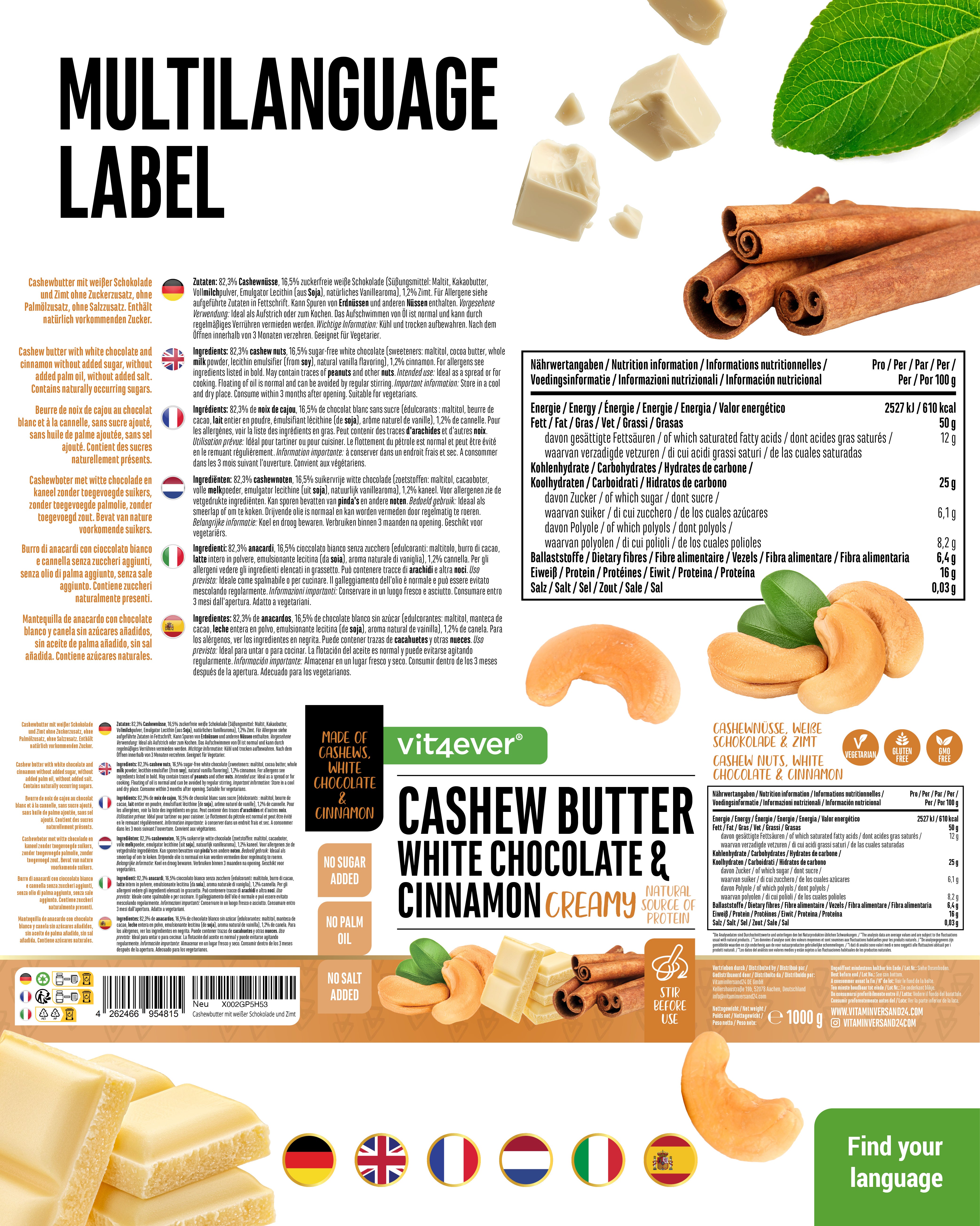 Cashew Butter - Weiße Schokolade & Zimt, 1000 g
