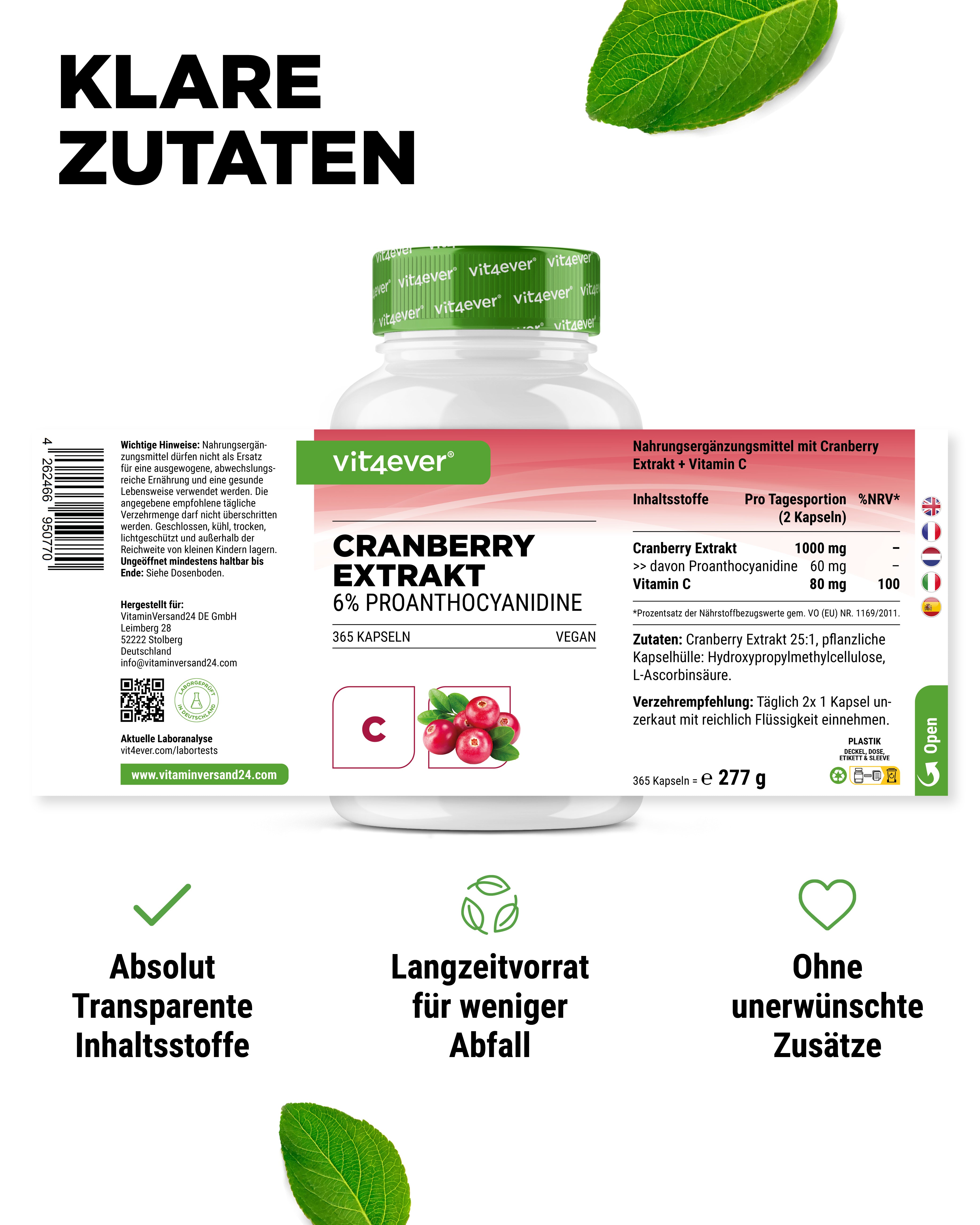 Cranberry mit Vitamin C - 365 Kapseln