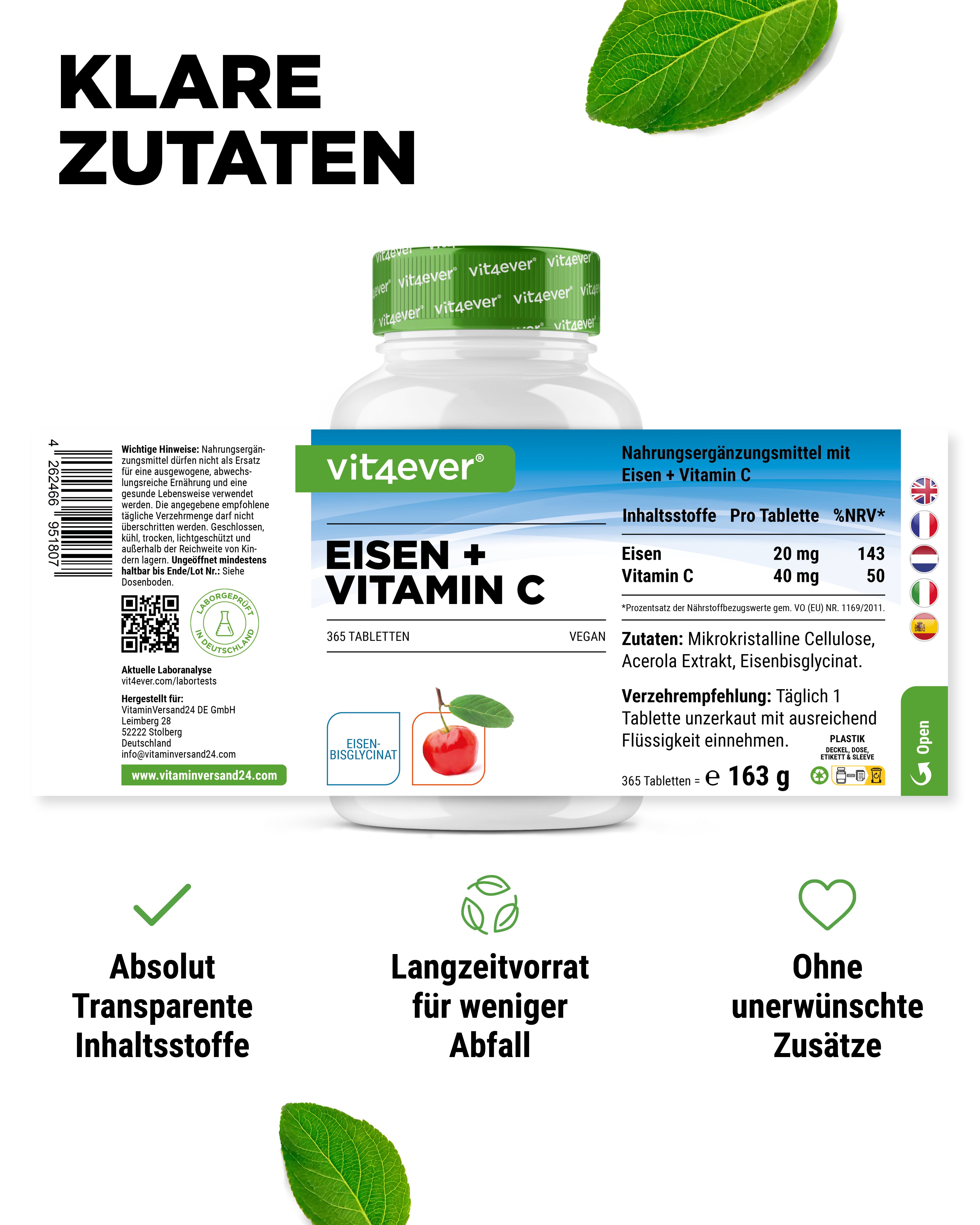 Żelazo + Witamina C - Żelazo Bisglicinianowe - 365 Tabletek