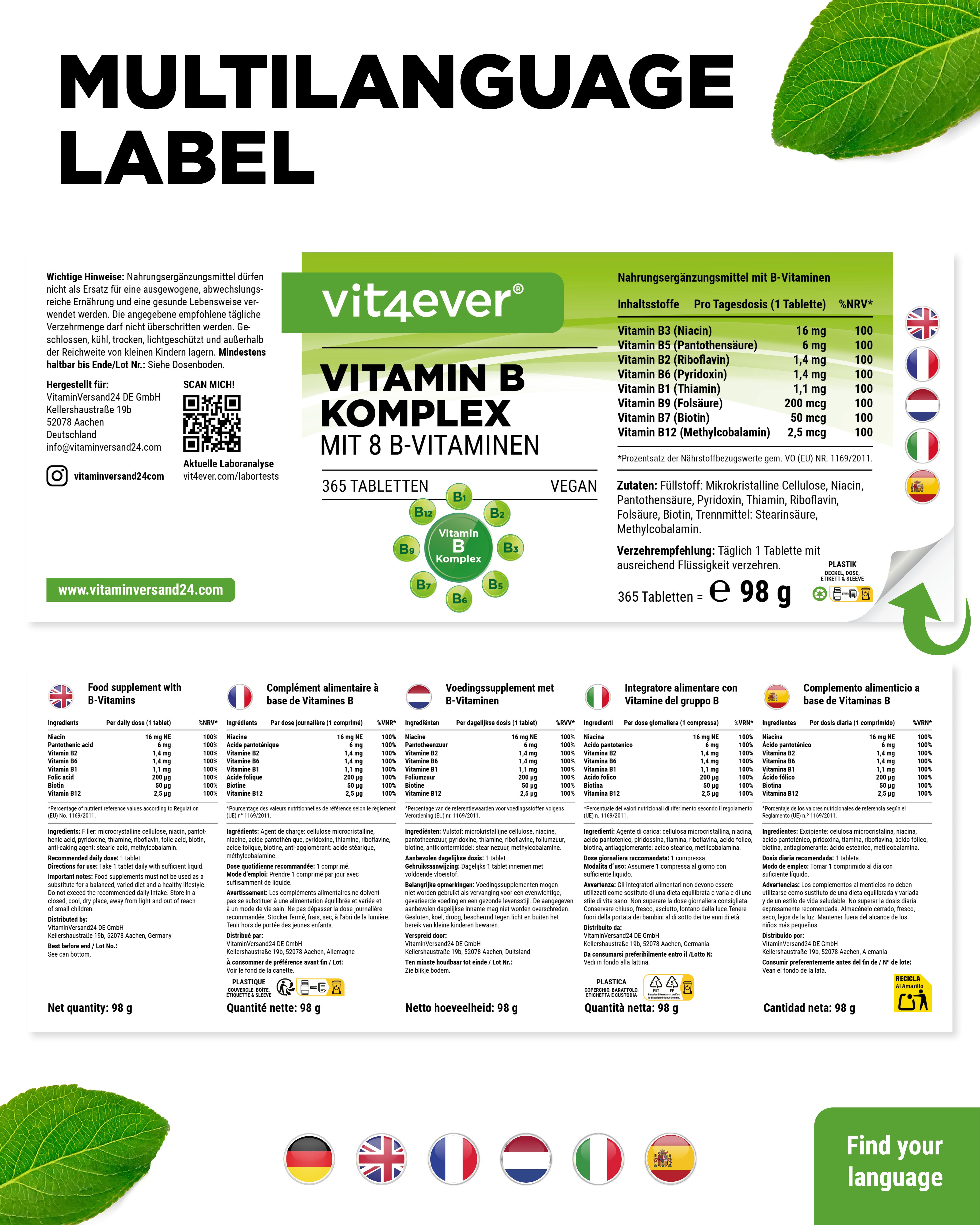 Complesso Vitamina B - 8 vitamine B - 365 compresse