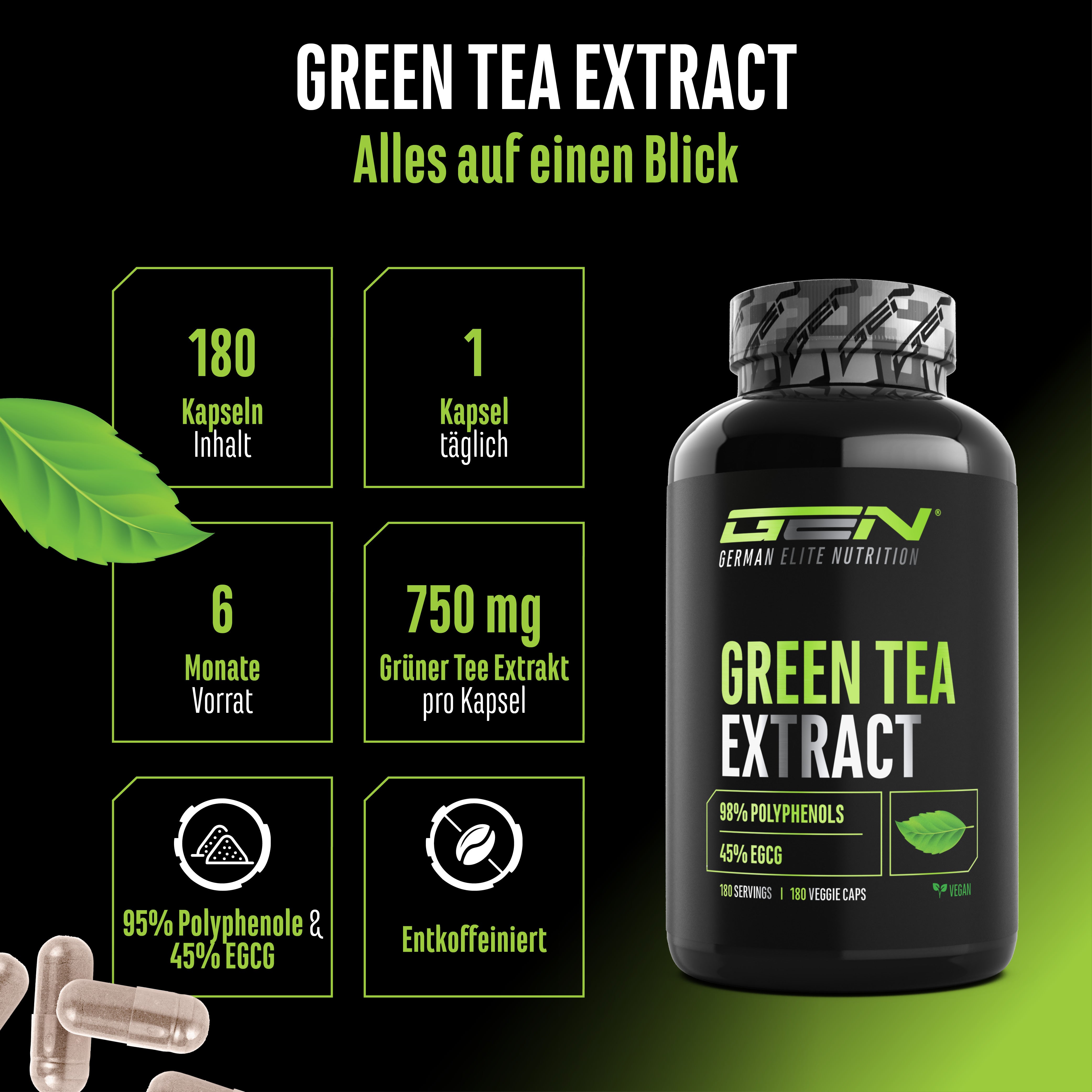 Bottiglia con etichetta "German Elite Nutrition Green Tea Extract" accanto a una pila di capsule verdi; il testo nell'immagine contiene i dettagli del prodotto.