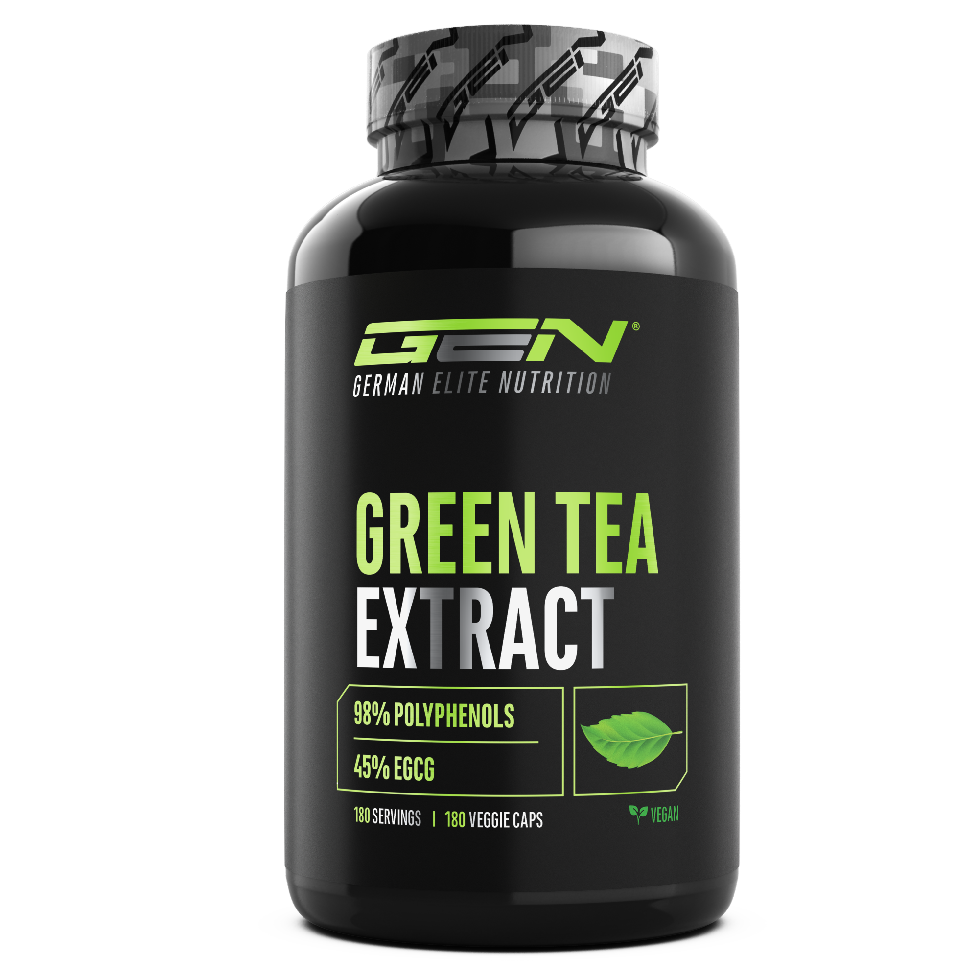 Una bottiglia nera con la scritta German Elite Nutrition Green Tea Extract; Testo sull'immagine: "98 Polifenoli", "45 EGCG", "180 Capsule Veggie", "vegan".