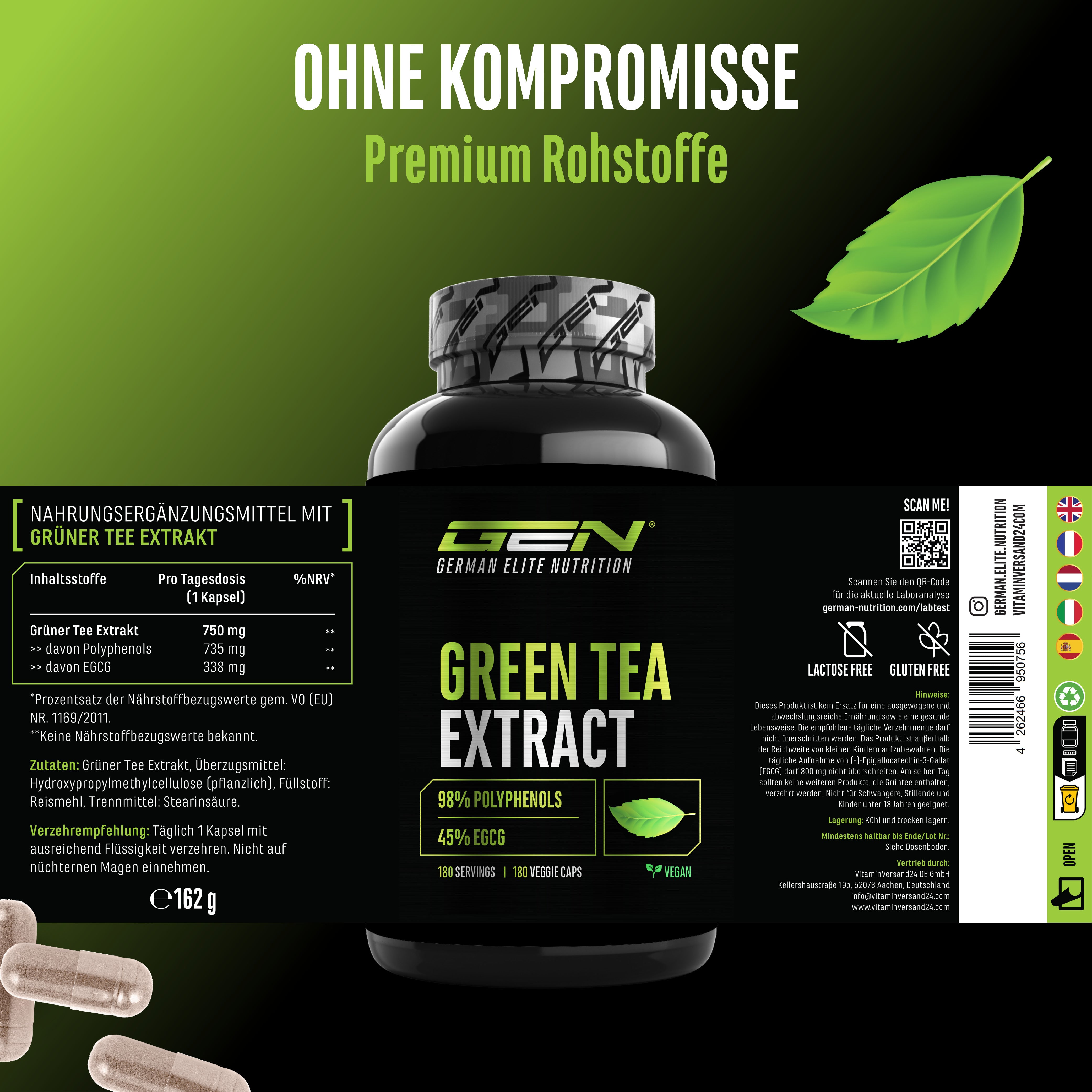 Una bottiglia di German Elite Nutrition Green Tea Extract con capsule su sfondo verde; Testo nell'immagine: 98 polifenoli, 45 EGCG, icone per vegano, senza lattosio, senza glutine.