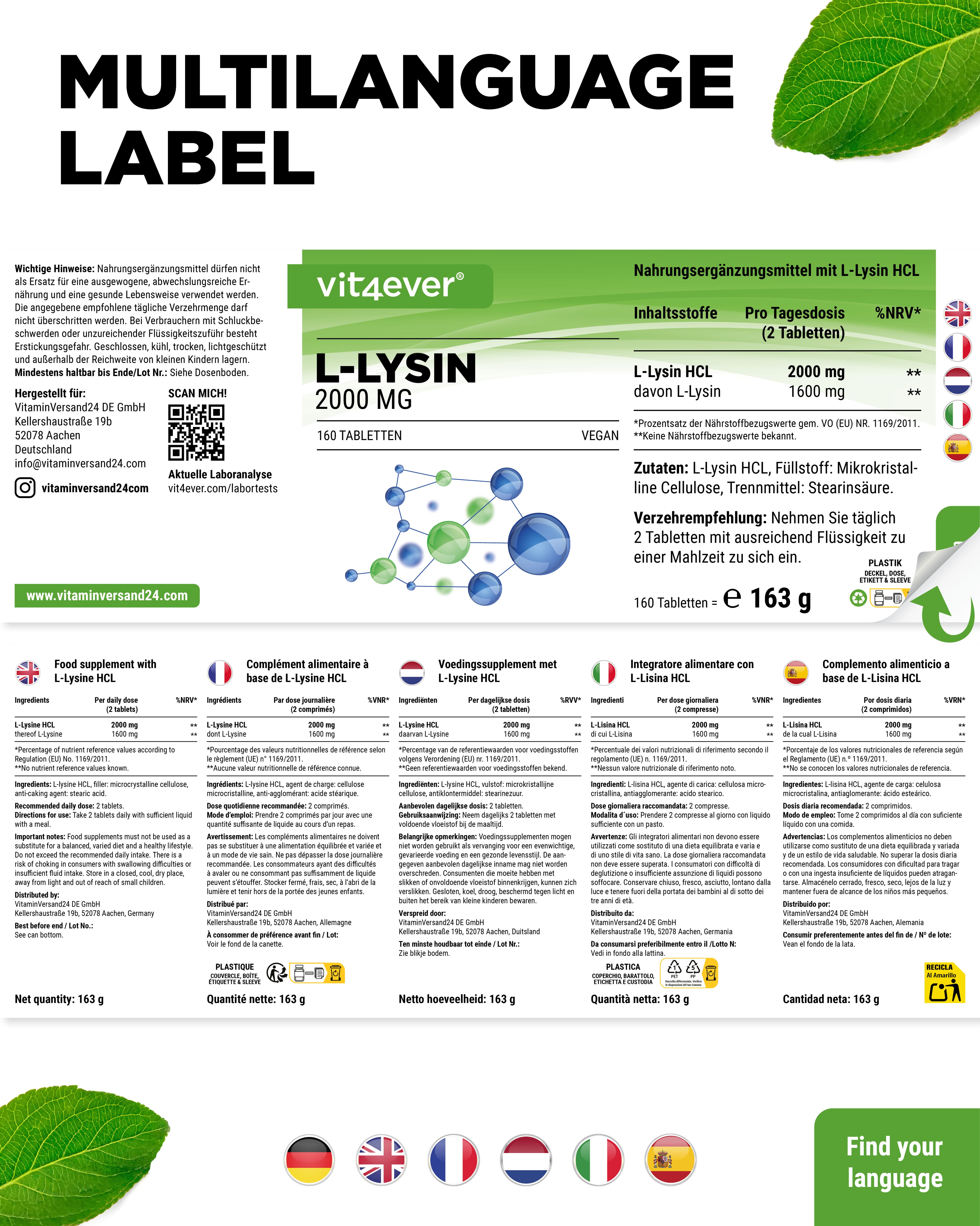 L-Lysine 1000 mg hautement dosée