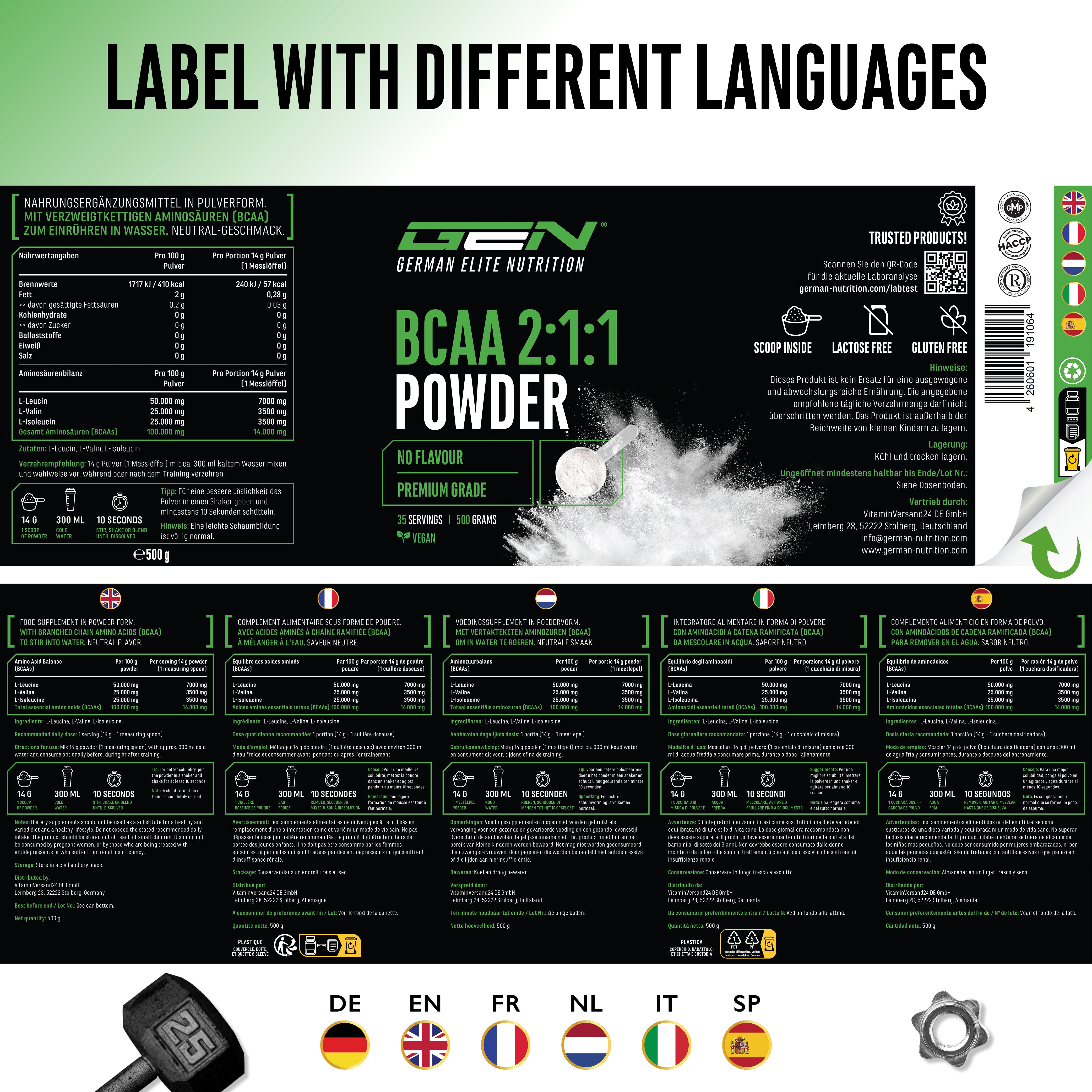 GEN BCAA 2:1:1 Polvo - Neutro, 500 g