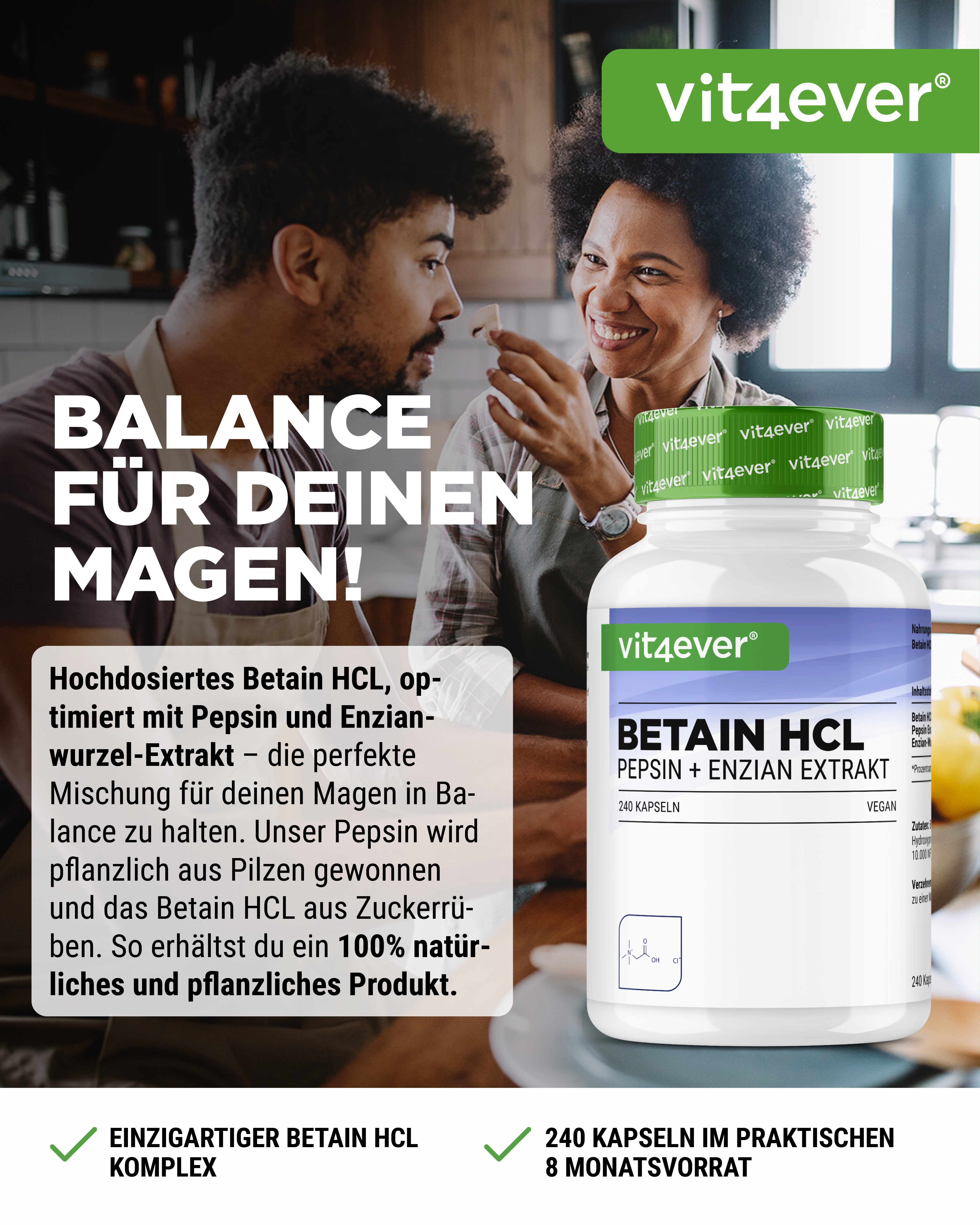 Betaina HCL, 240 kapsułek po 695 mg z Pepsyną + Ekstraktem Goryczki