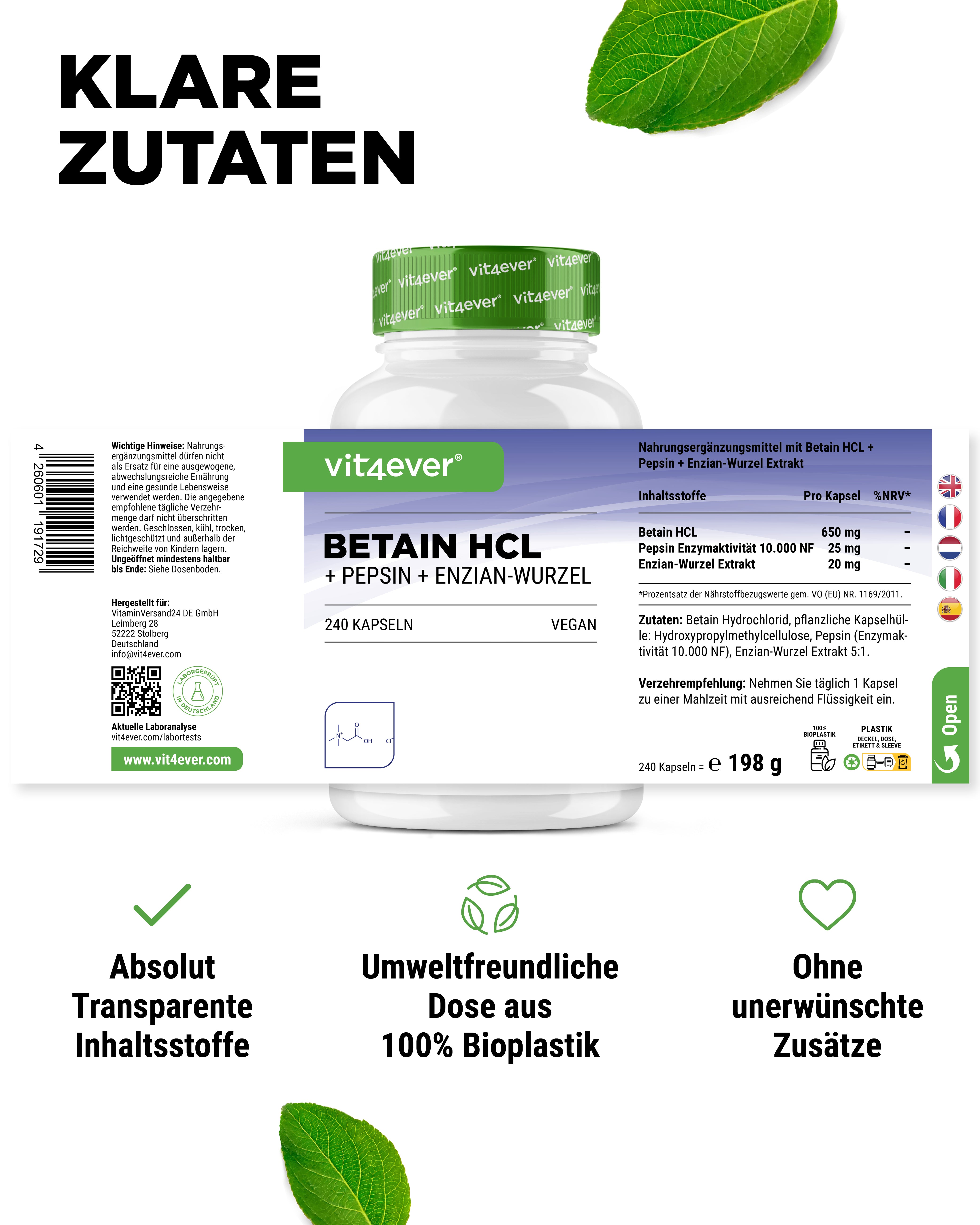 Betaina HCL, 240 kapsułek po 695 mg z Pepsyną + Ekstraktem Goryczki
