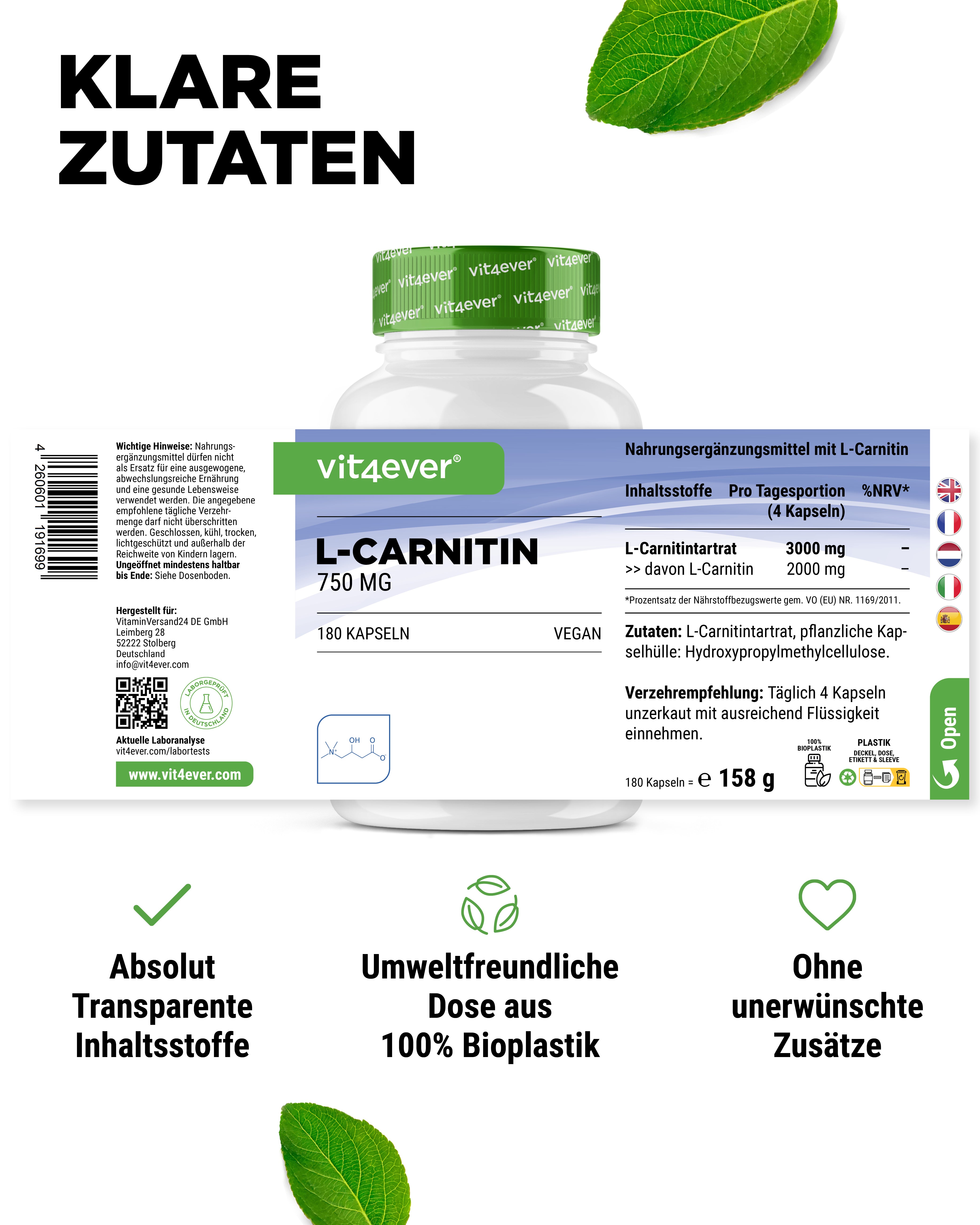 L-Carnitin - 180 vegane Kapseln, 100% L-Carnitin Tartrat ohne Zusätze