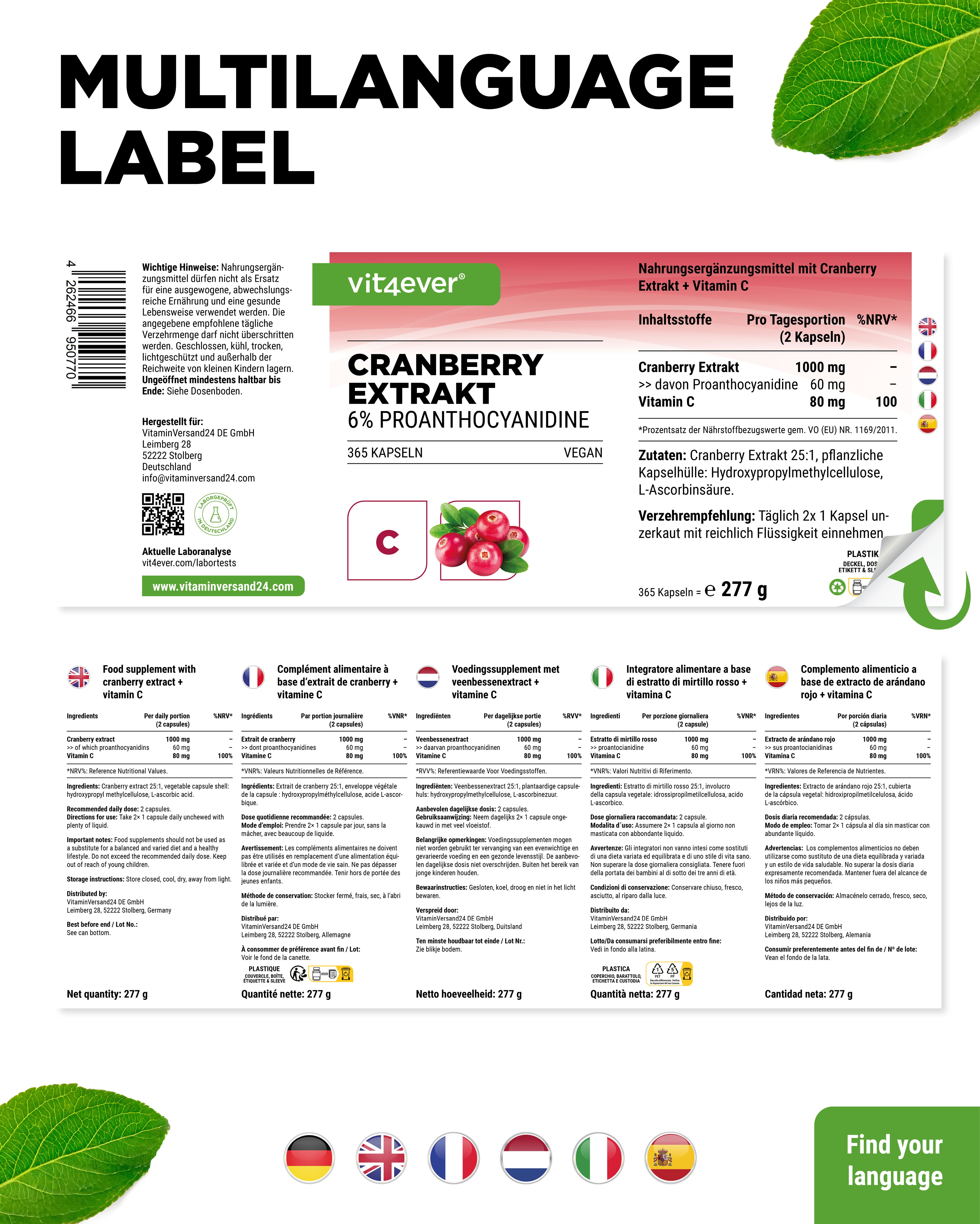 Cranberry mit Vitamin C - 365 Kapseln