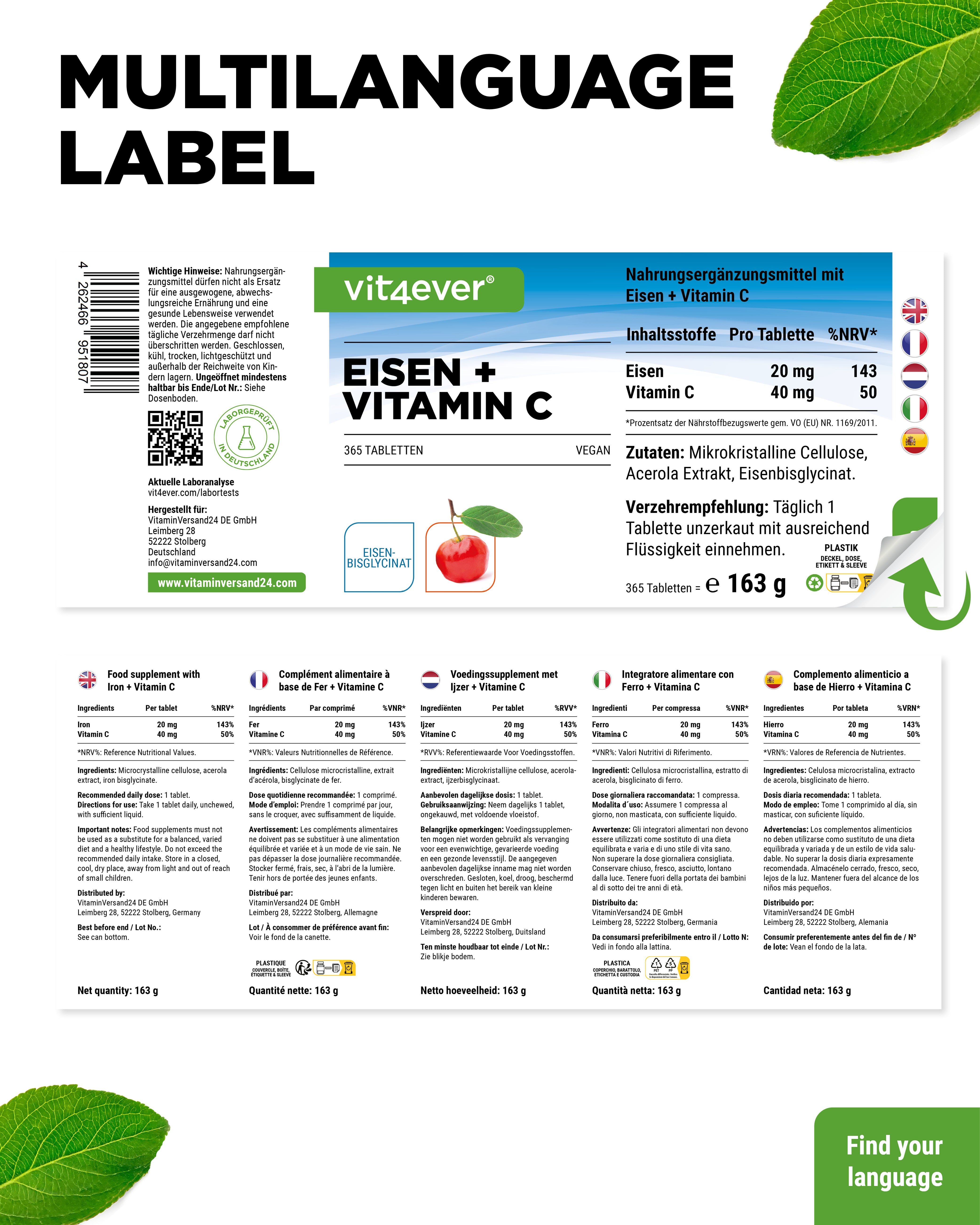 Żelazo + Witamina C - Żelazo Bisglicinianowe - 365 Tabletek