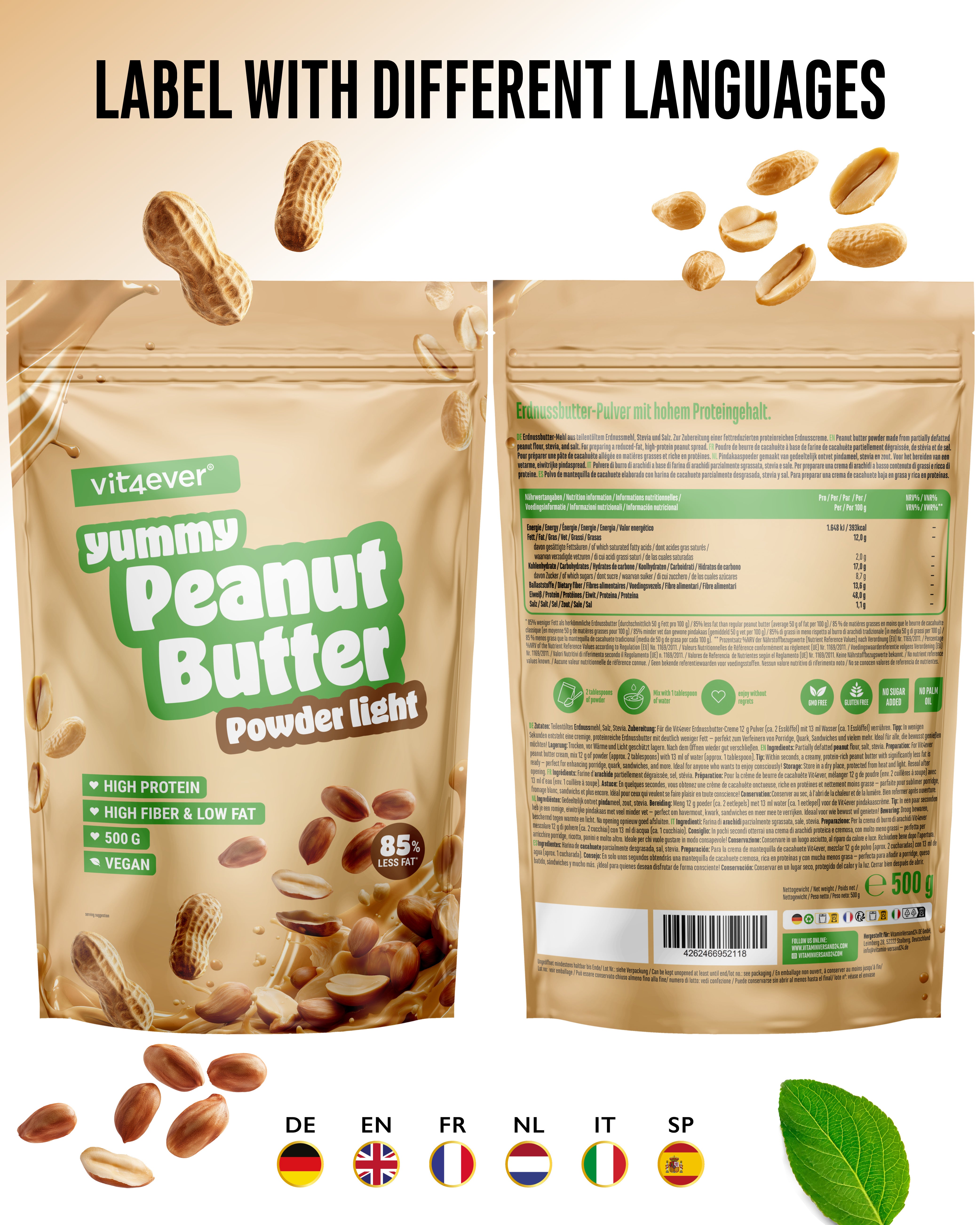 Crema de cacahuete light en polvo, 500 g
