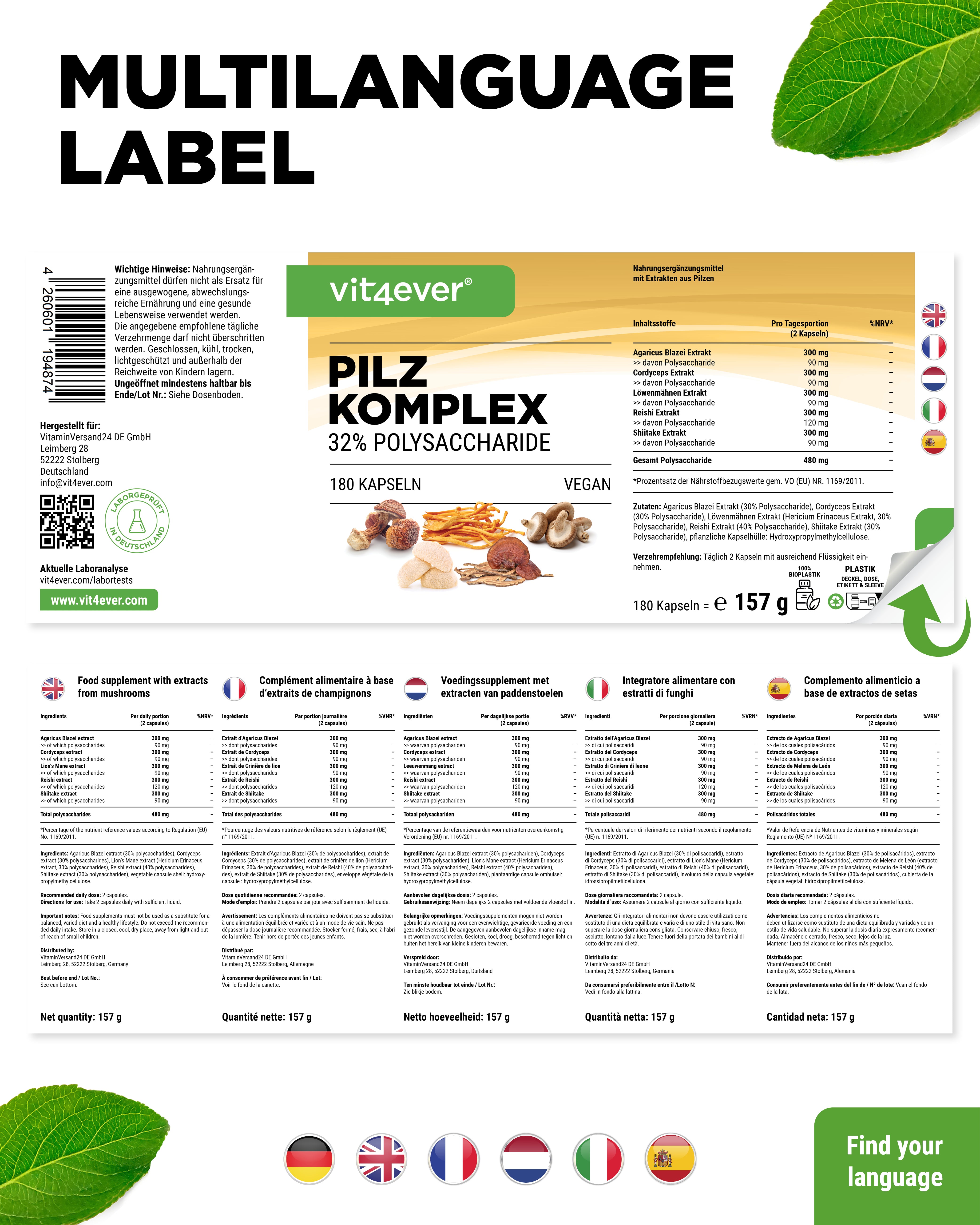 Complejo de Hongos - 180 cápsulas con 750 mg de extracto